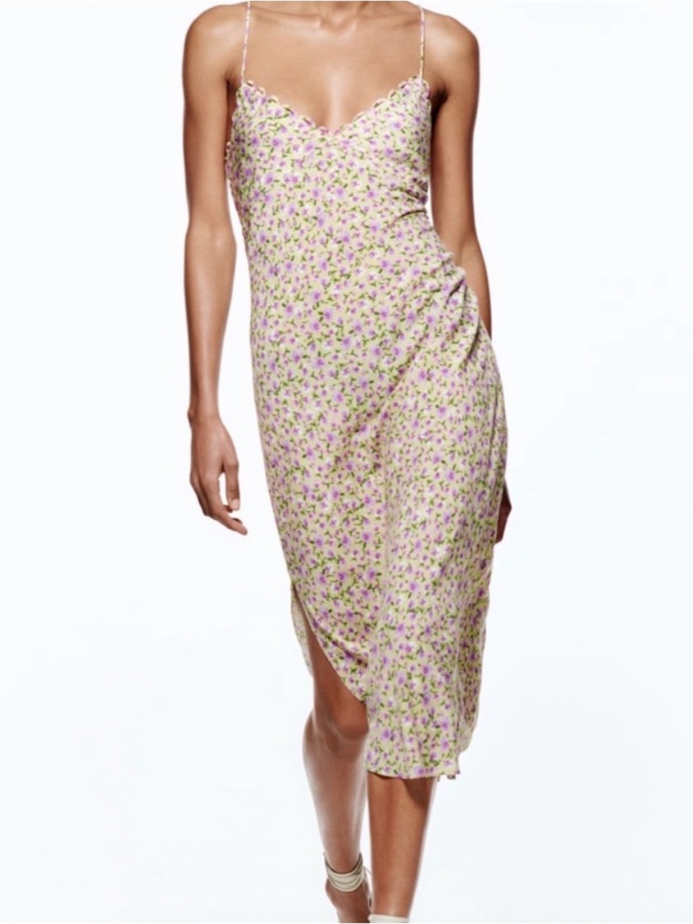 Zara Floral Midi Slip Scallop Dress Size Medium